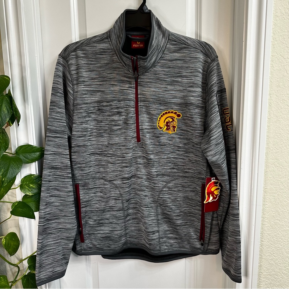 New USC Gray Quarter-Zip Pullover W/Trojan Logo Size XL But Fits Like A Large